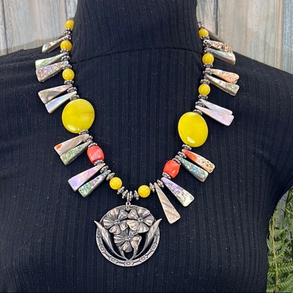 Adorned Crown Artisan Assemblage abalone shell stone floral pendant necklace