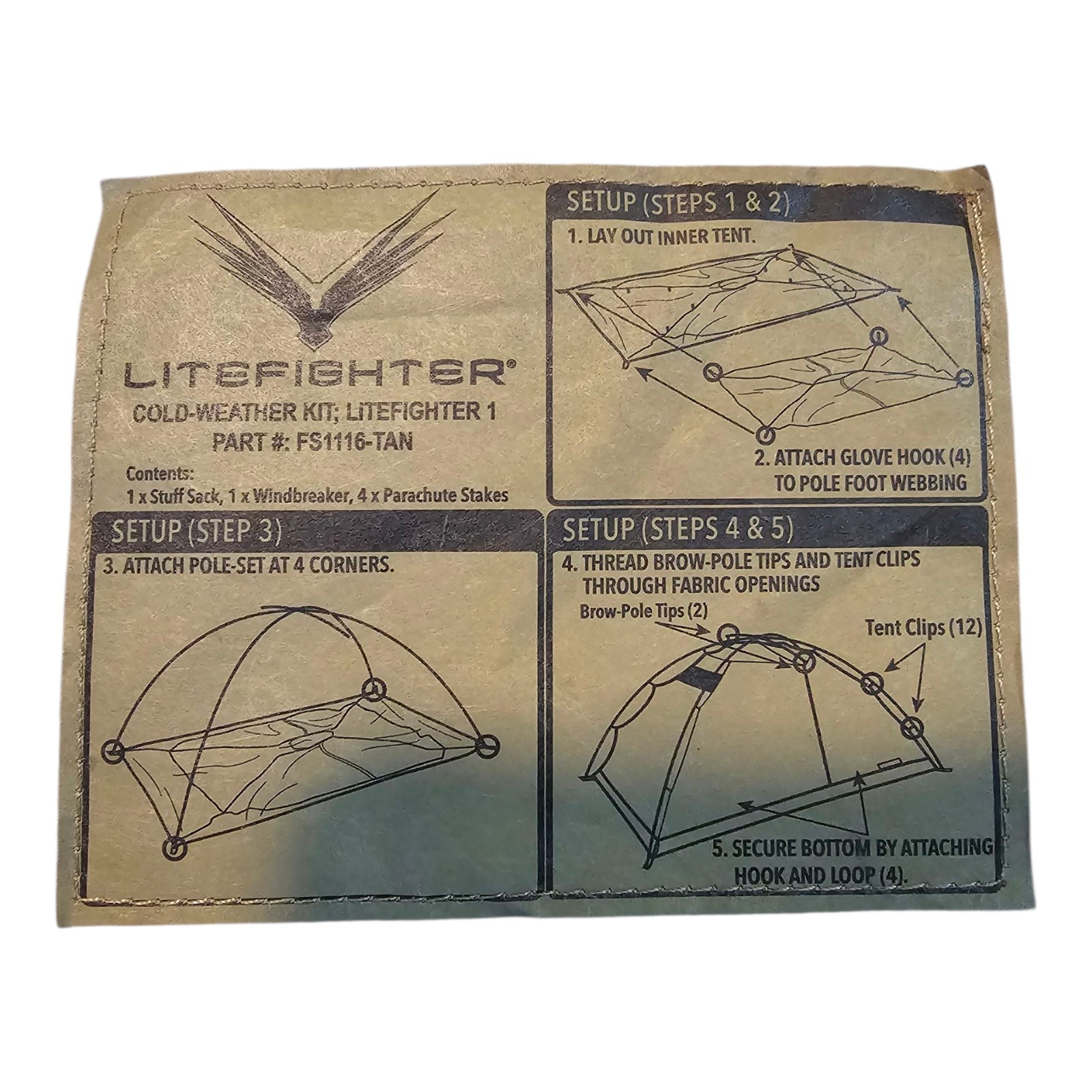 USGI LiteFighter Cold Weather Kit (For 1 man tent) Coyote W/ 4 Snow/Sand Anchors