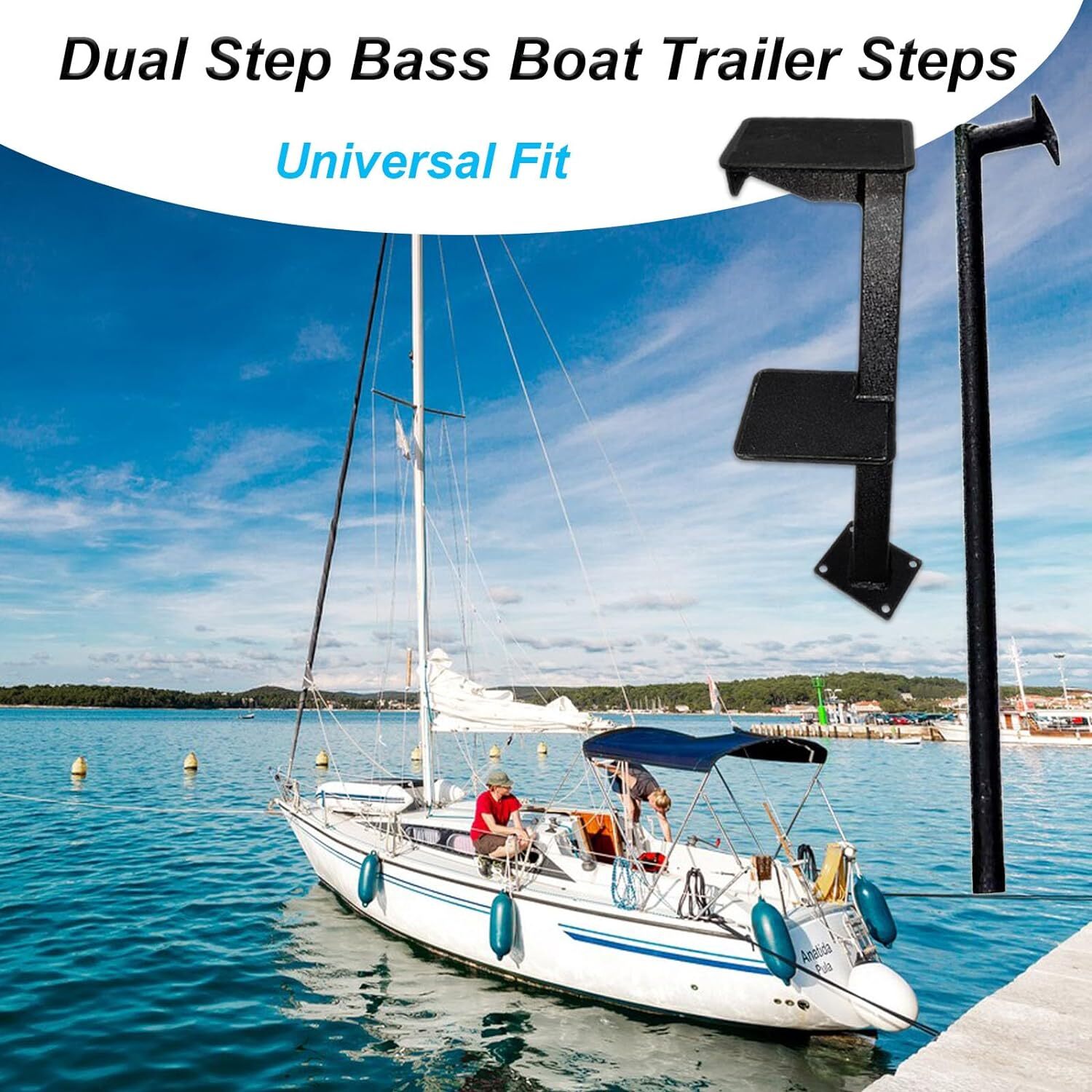 Dual Step Boat Trailer Steps for The Tongue with Handle, Universal Fit Bass Boat