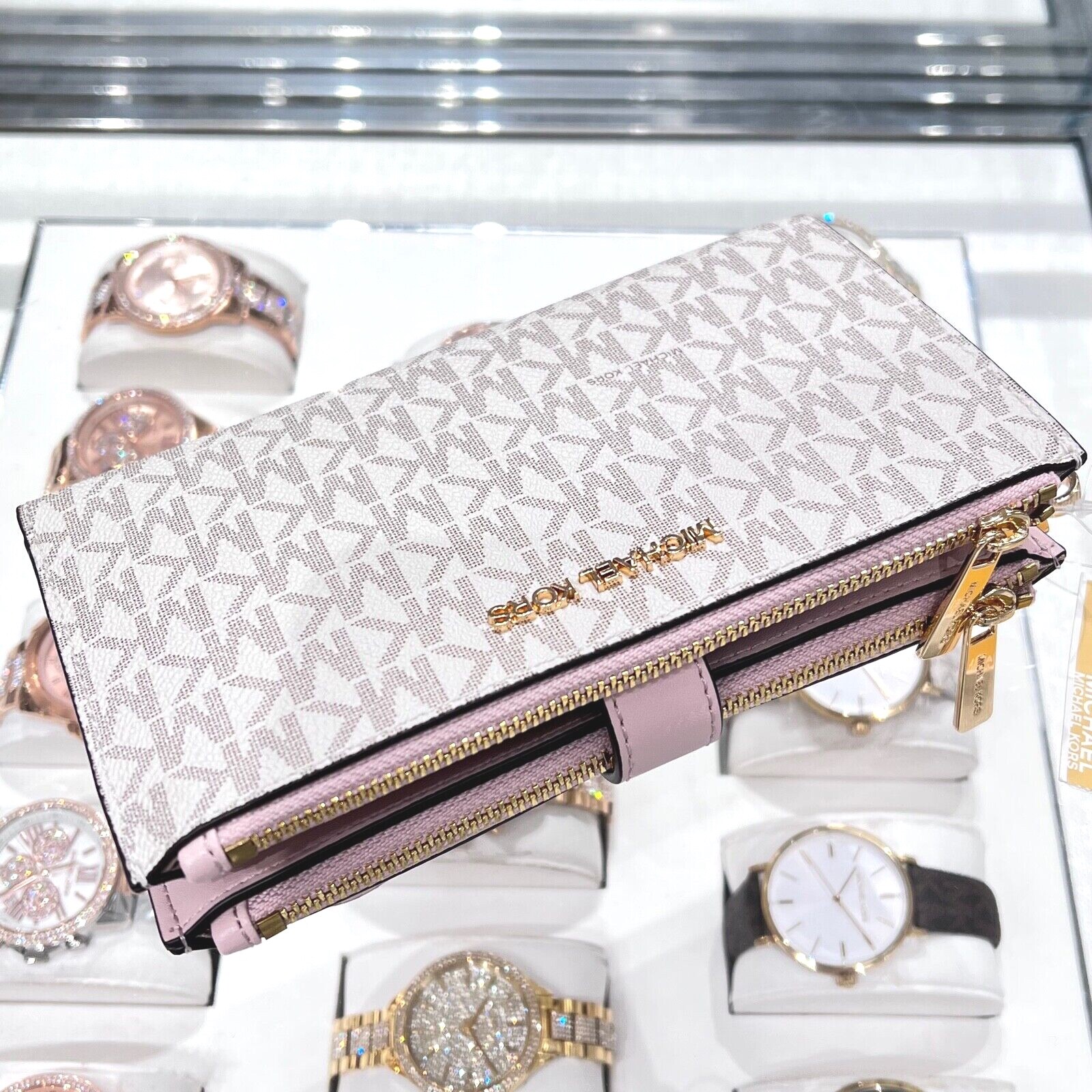 Michael Kors Jet Set Travel Double Zip Wristlet Wallet Vanilla Pink Powder Blush