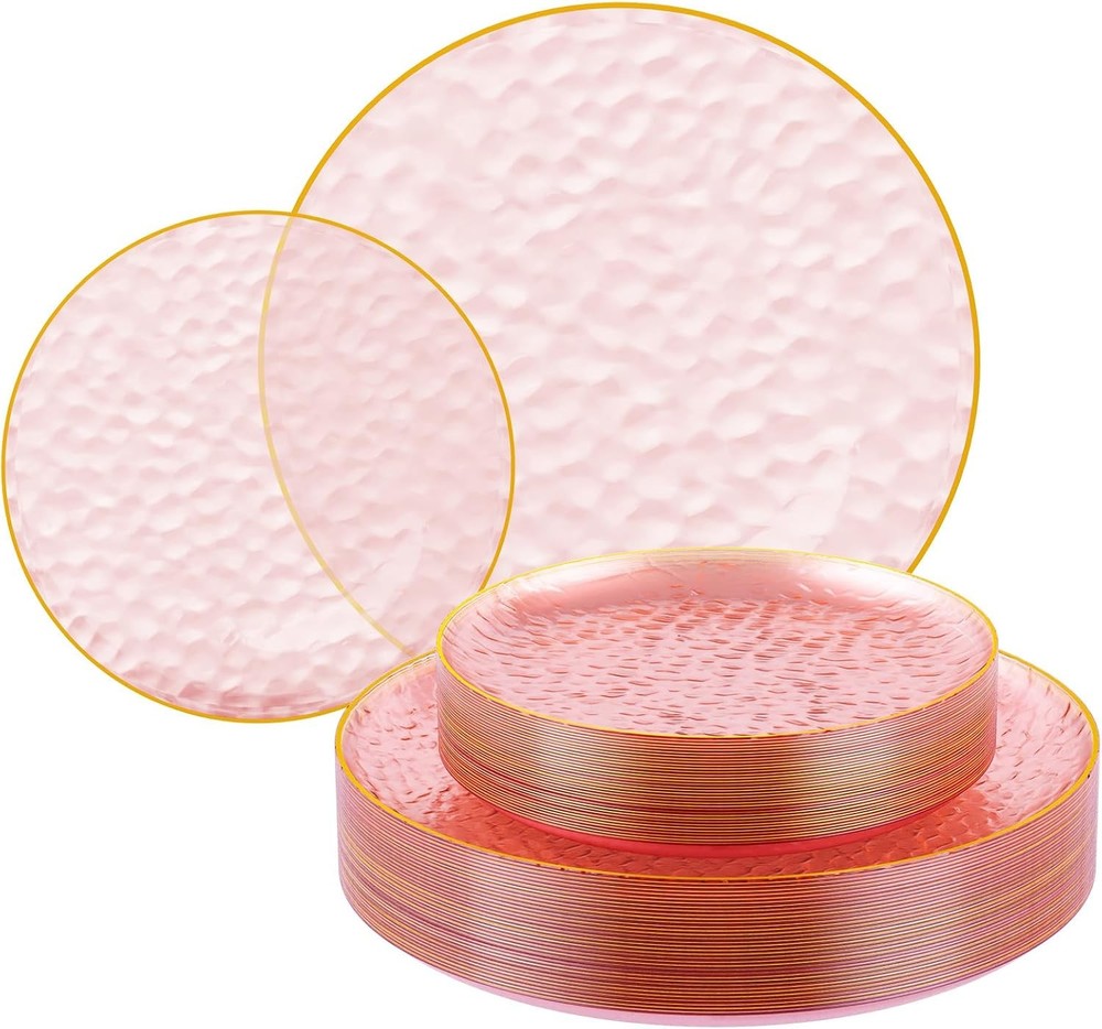 Clear Plastic Plates, Pink Disposable Plates with Gold Rim, 30