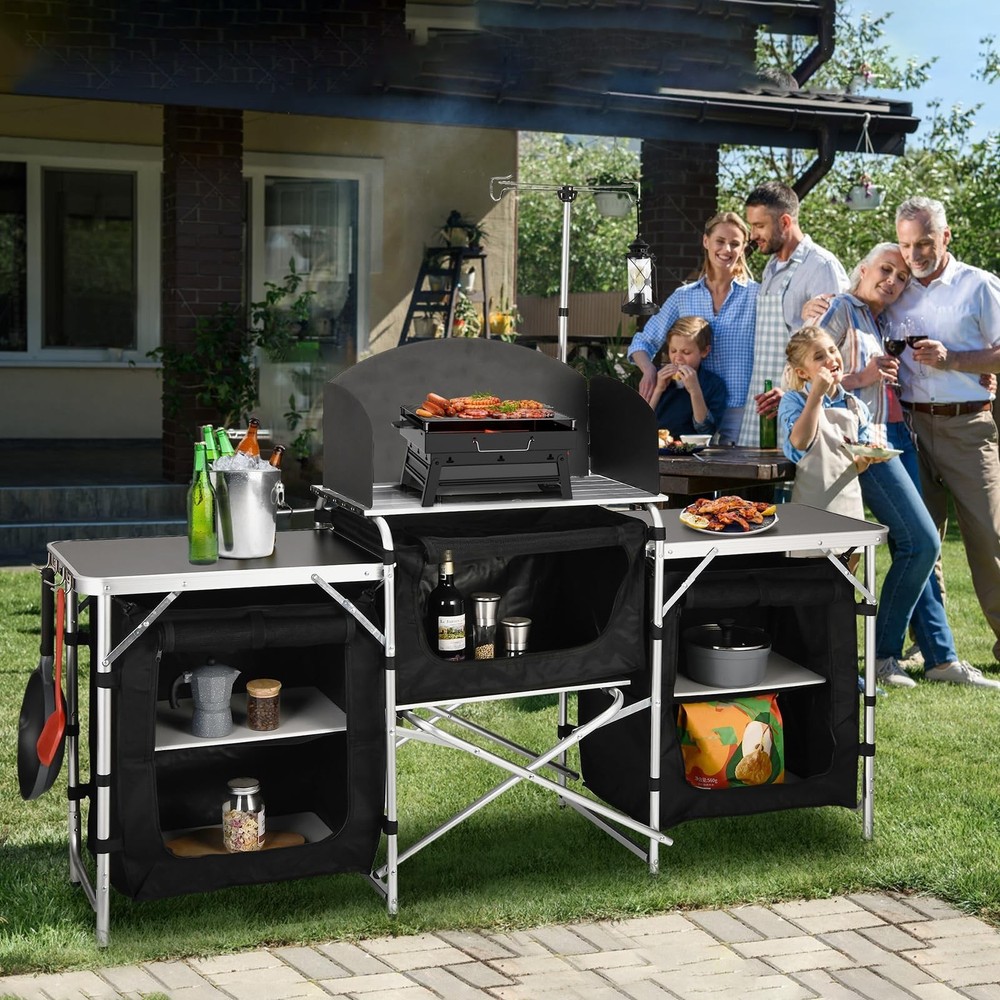 Cmaping KitchenTable, Aluminum Folding Camping Cook Station with Windshield, ...