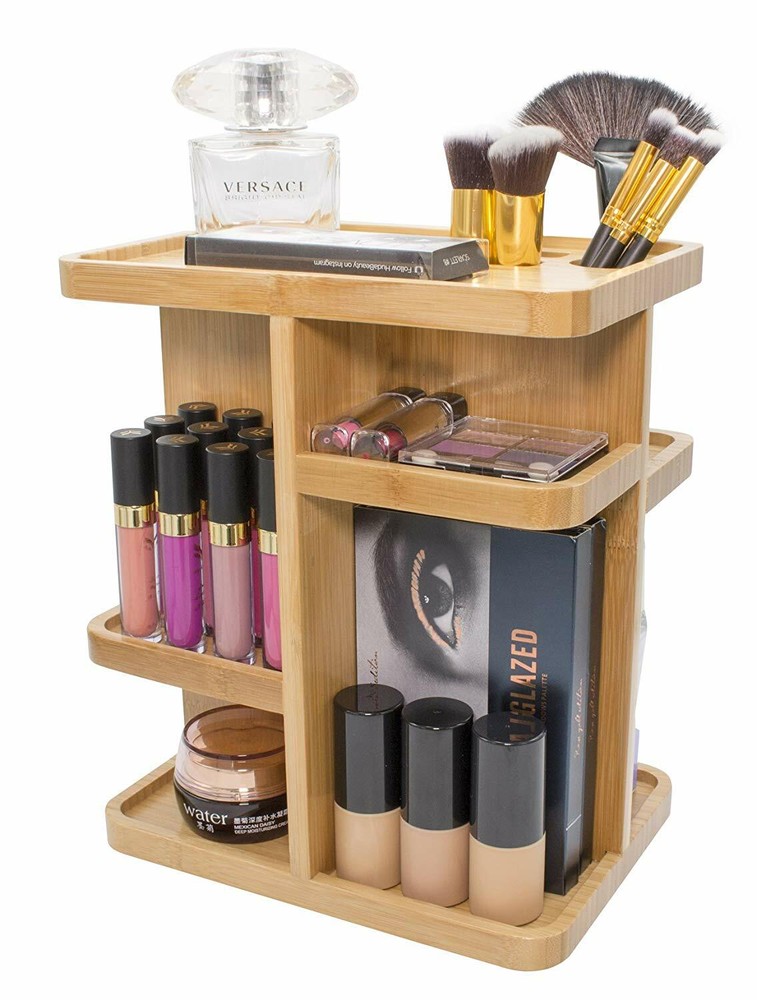 360° Bamboo Makeup Organizer, Multi-Function Storage Carousel for Cosmetics