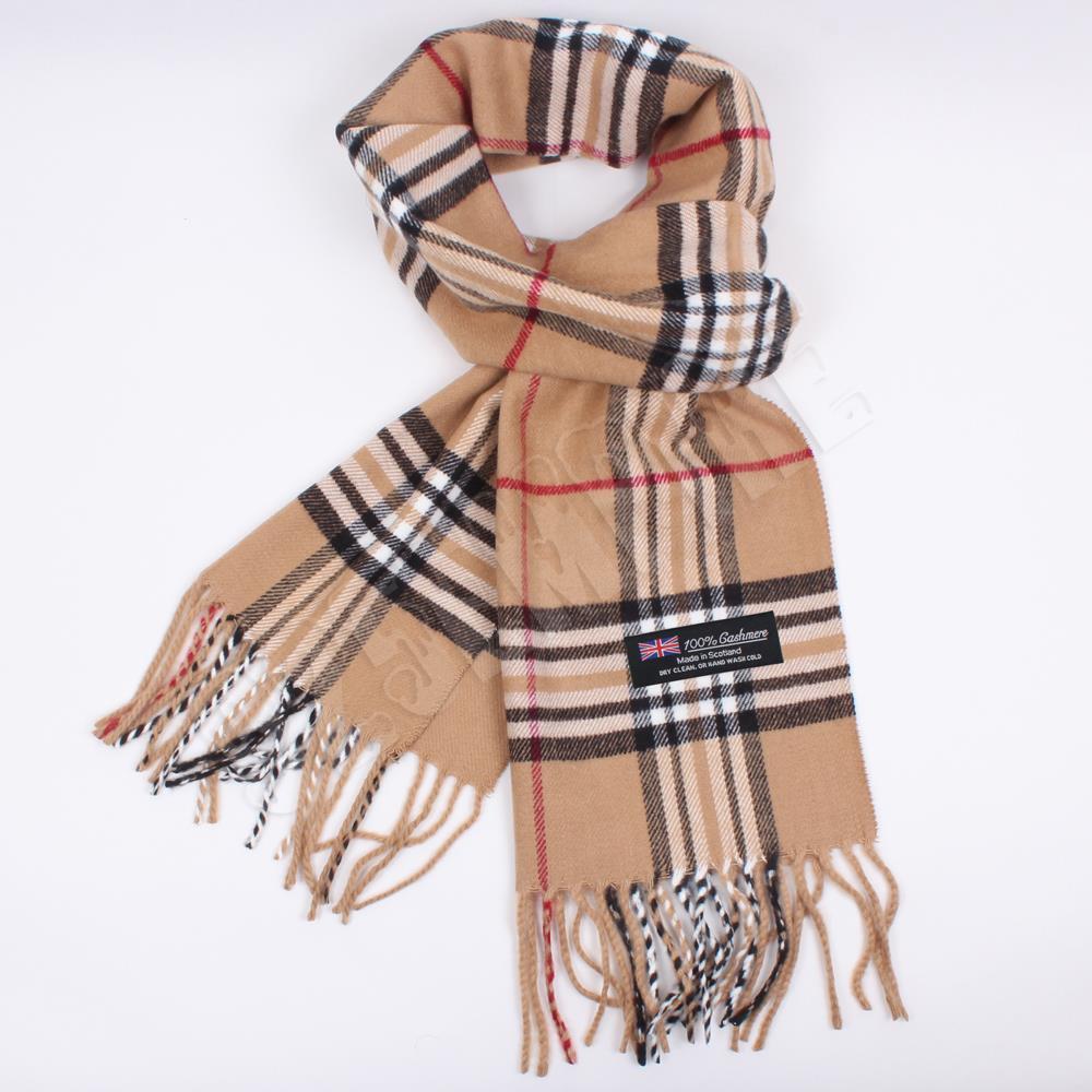 Men's 100% CASHMERE Scarf Camel tartan Plaid Stripe Design Soft