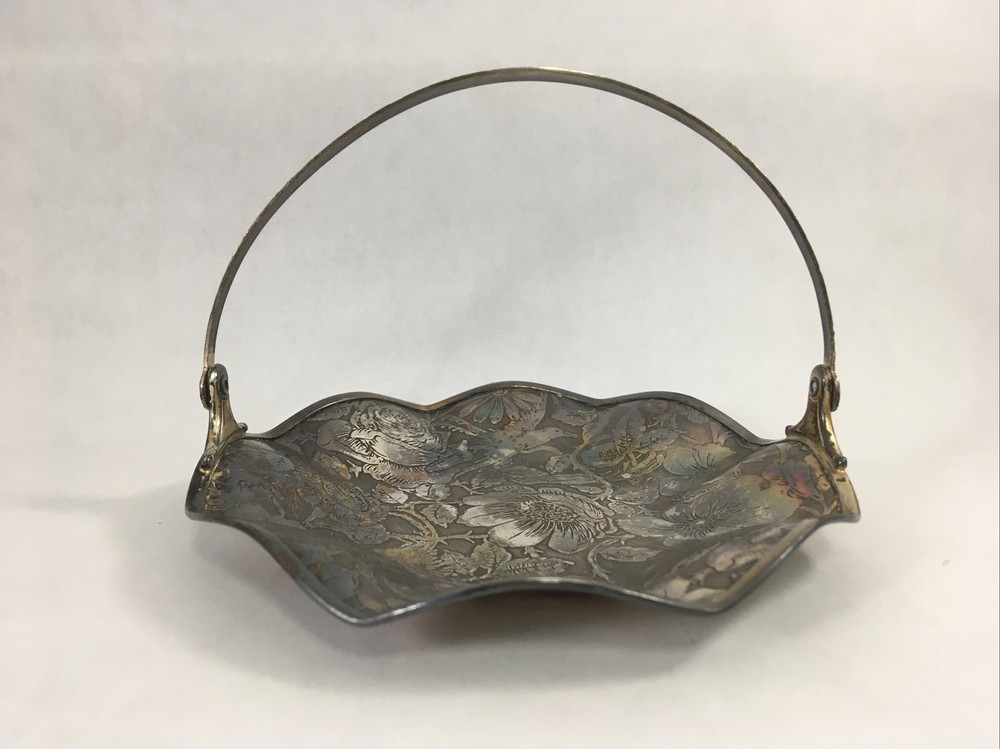 Tapestry Silverplate Floral Embossed Handled Basket Trinket Dish Display