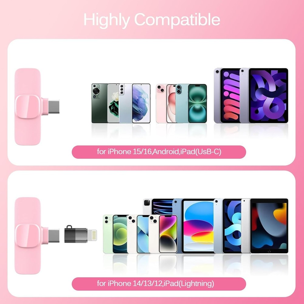 Pink Wireless Lavalier Microphone for iPhone & Android - Mini Clip-On