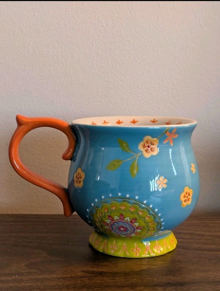 Dutch Wax Anthropologie Large Footed Mug Cup Floral Hand Painted Ceramic