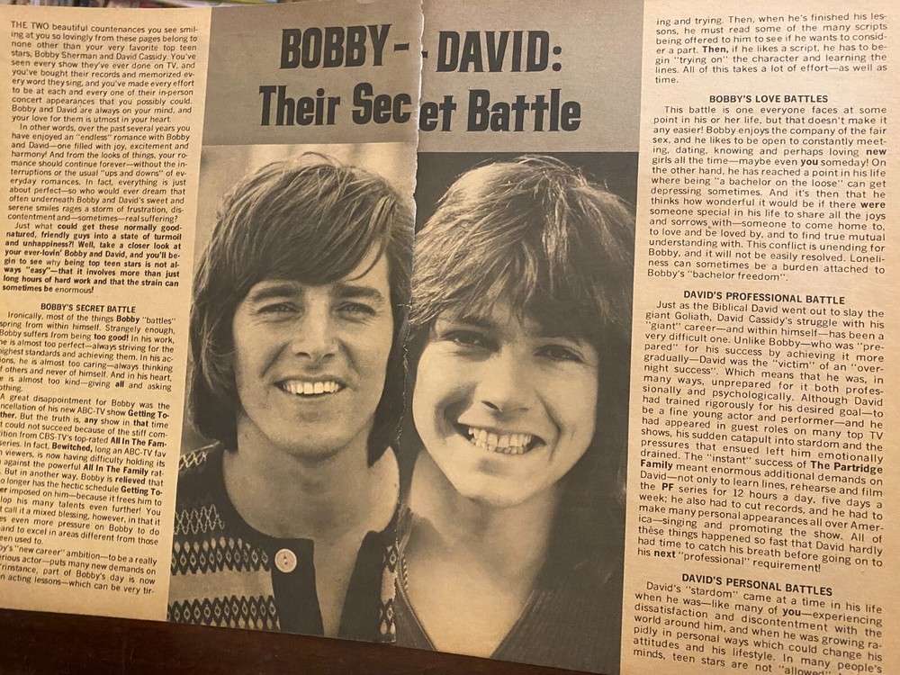 David Cassidy, Bobby Sherman, Two Page Vintage Clipping