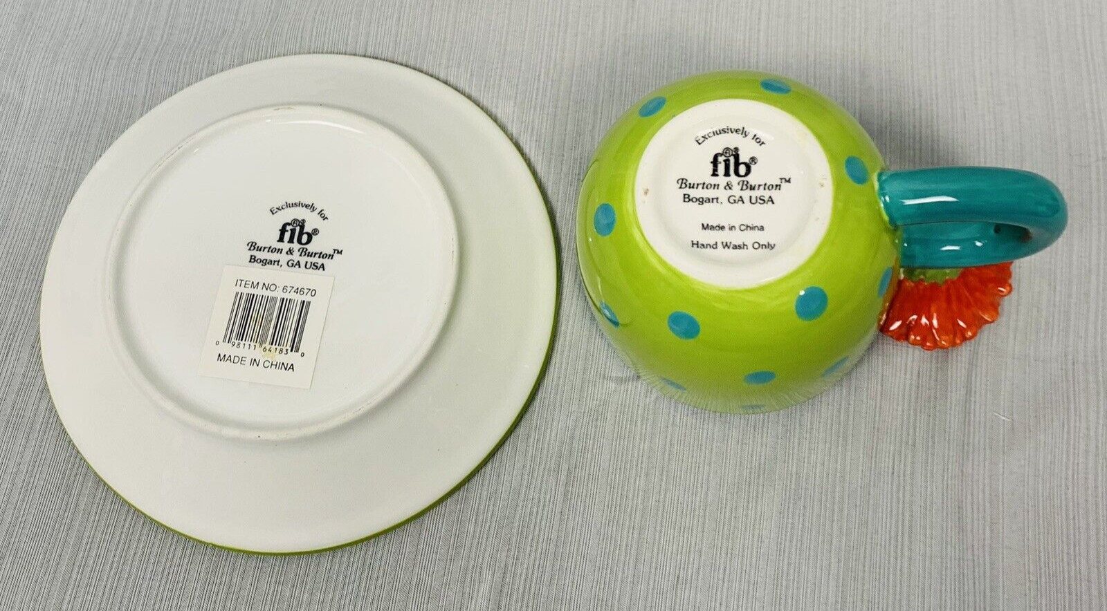 burton+Burton Ceramic Tea Cup & Saucer Polka Dot Flower on Handle Colorful