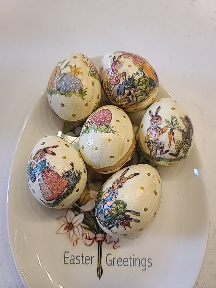 6 Decoupaged Victorian-Look Hand Crafted Paper Mache Easter Eggs Display Plate