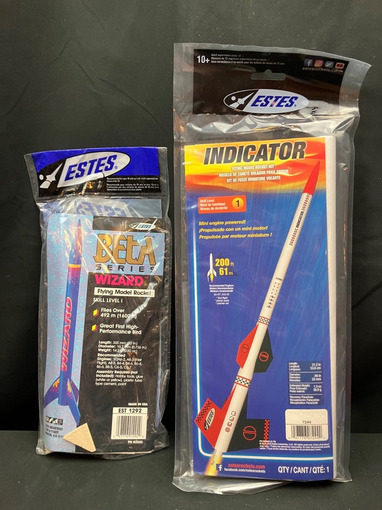 2 Wonderful Estes Flying Model Rocket Kits - Indicator and Wizard - Both Sealed