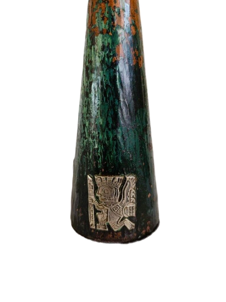 1960’s Peru Copper 7" Candle Holder Pair Inlaid Silver Incan Motif Deities Llama