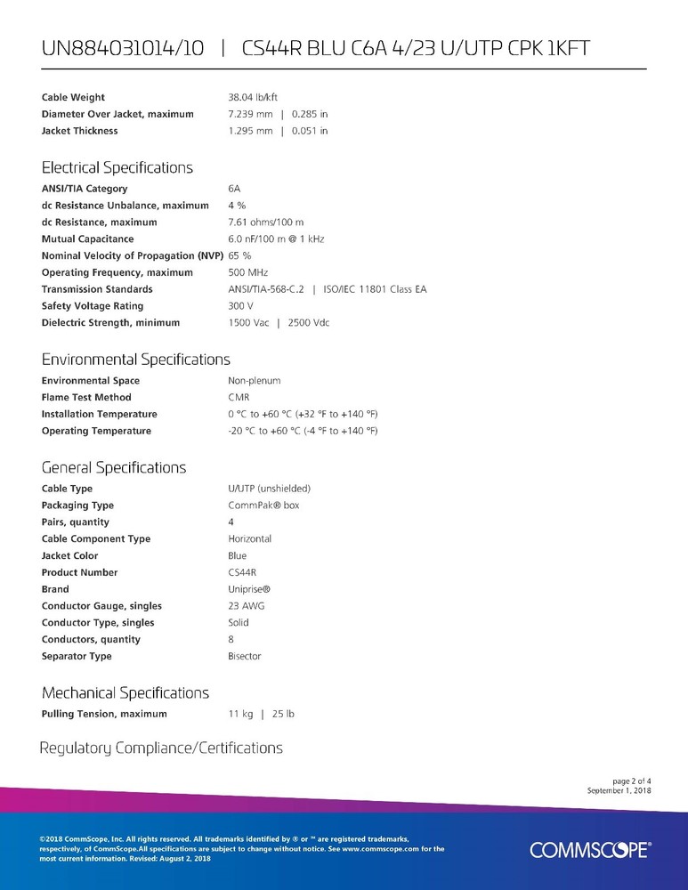 Commscope CS44R Cat6A U/UTP Network Ethernet 10G 10Gig Cable Riser Blue /100ft