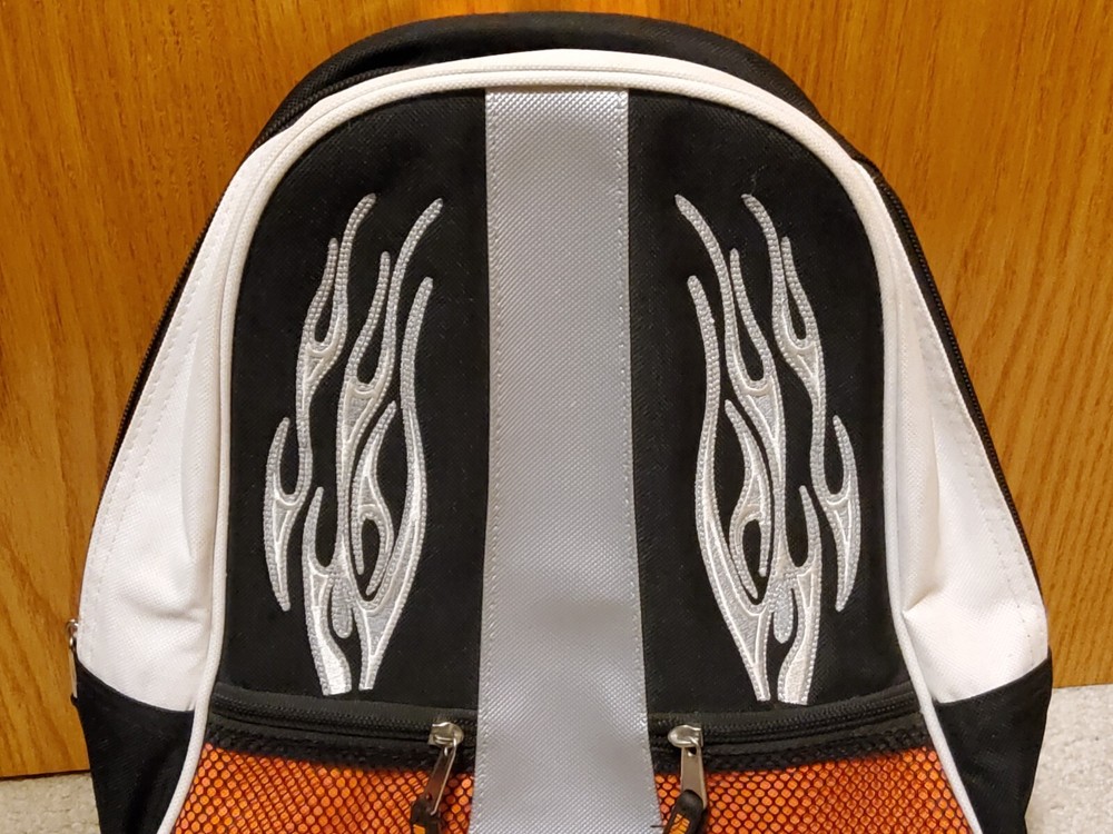 Harley Davidson White Black Red Flames Designer Padded Backpack Harley Shield