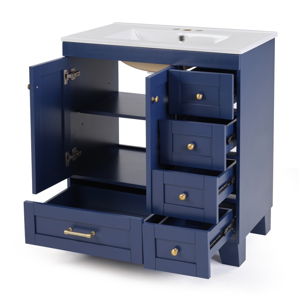 30" Blue Bathroom Vanity w/Ceramic Sink,Soft Close Drawers, Solid Wood Frame