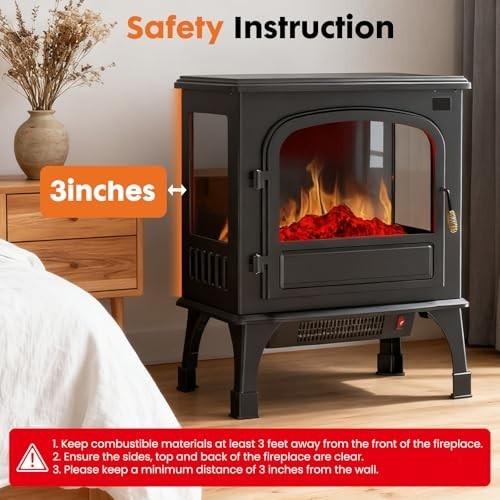 26" Freestanding Electric Fireplace Heater with 3D Flame Effect, Timer & Remote,