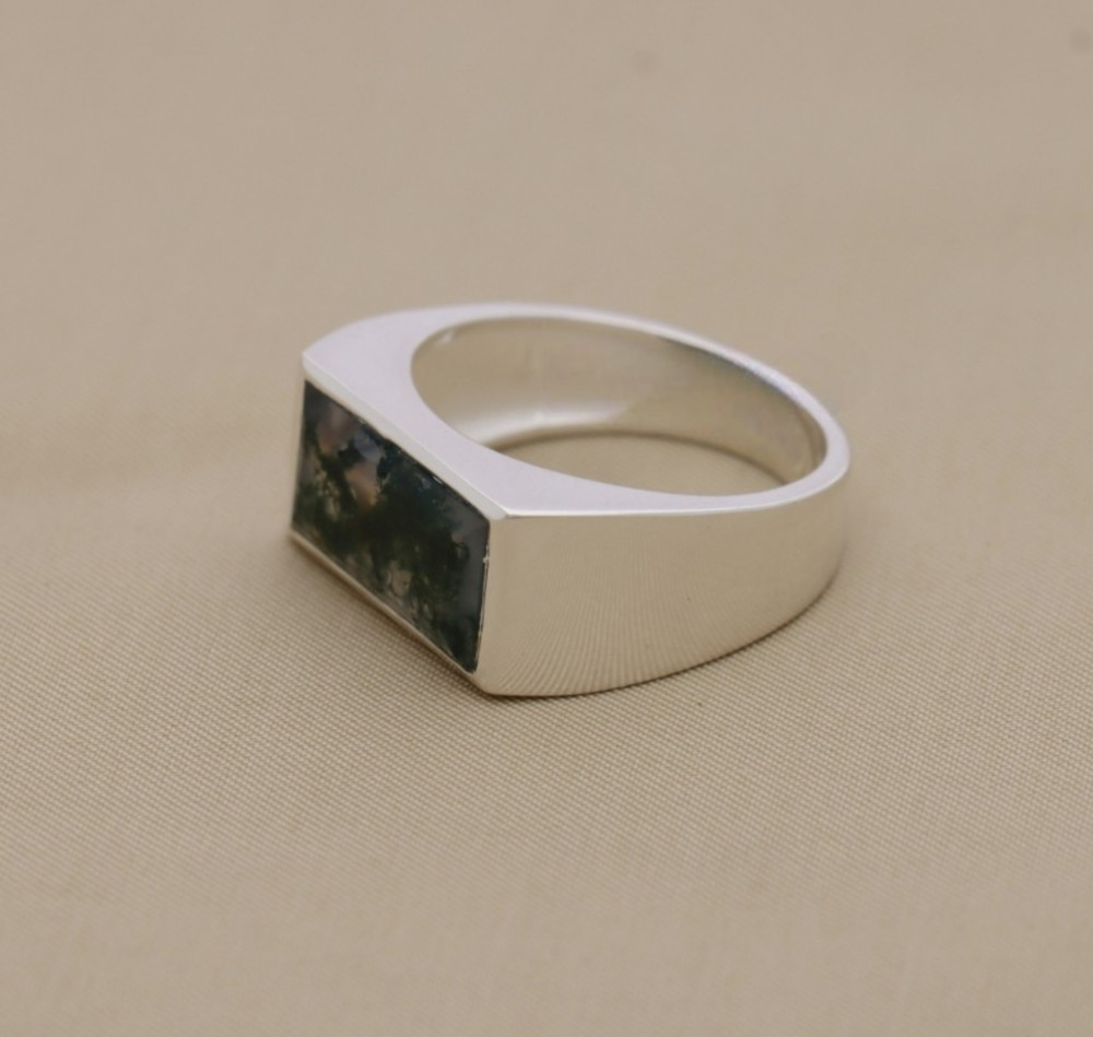 Sterling Silver Moss Agate Rectangular Signet Ring – Unique Natural Gemstone Des