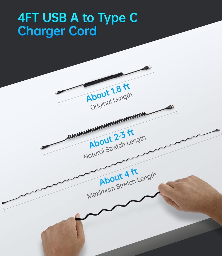 USB C Cable Fast Charging, 2Pack 3ft Coiled A to C Charge 3FT, Black