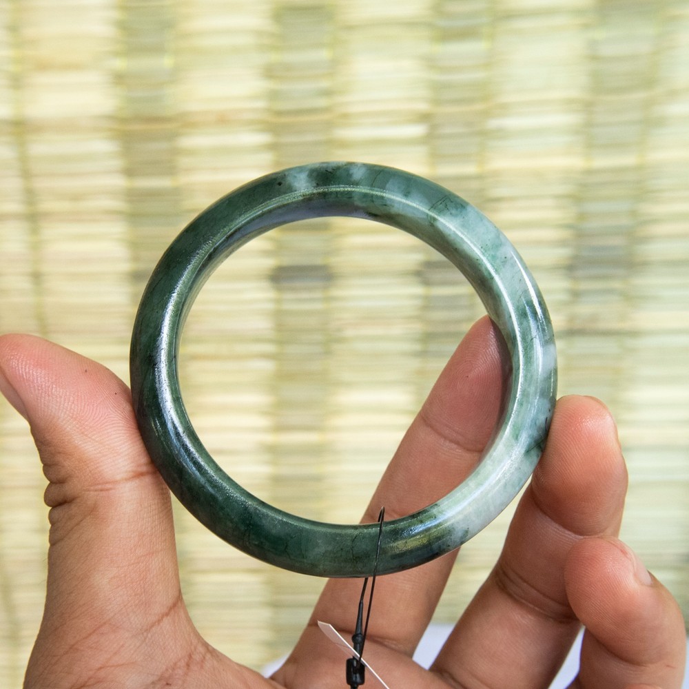 58mm Grade A Jadeite Bangle • Dark Green & White Jade Protective Amulet
