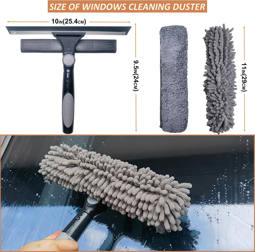 2 in 1 Window Washing Squeegee & Duster Window Cleaning Tool with 2 Pad Compatib