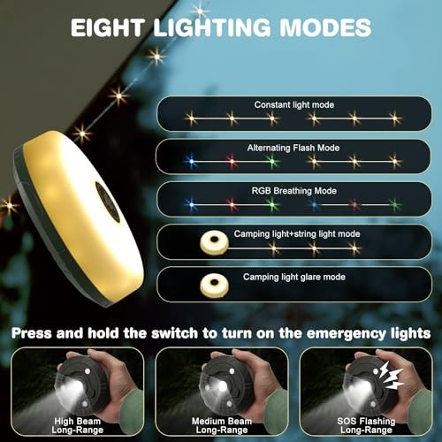 Camping String Lights, 2 in 1 Outdoor String Lights with 8 2 Pack Green