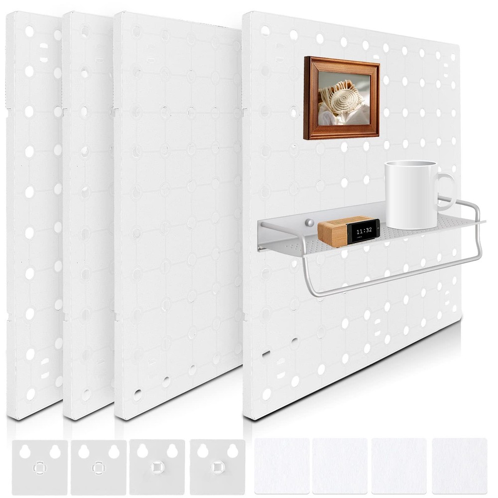 4 PCS White Pegboard Wall Organizer Self-Adhesive Peg Board Wall Panel Kits S...
