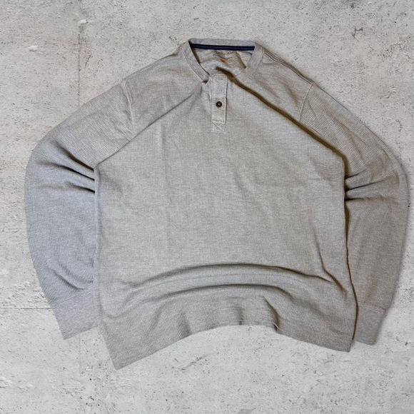 Mens vintage grey faded thermal waffle knit grunge Y2K Henley Longsleeve