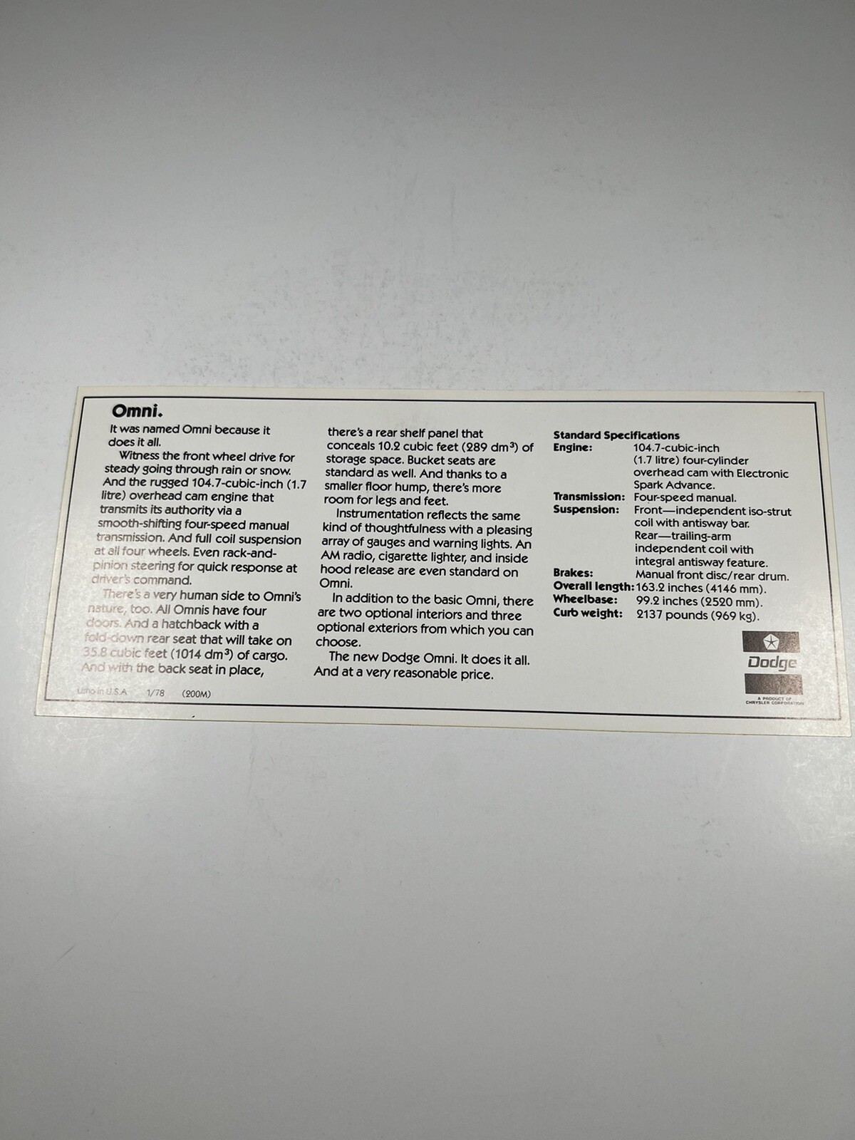1978 DODGE OMNI MINI BROCHURE CARD