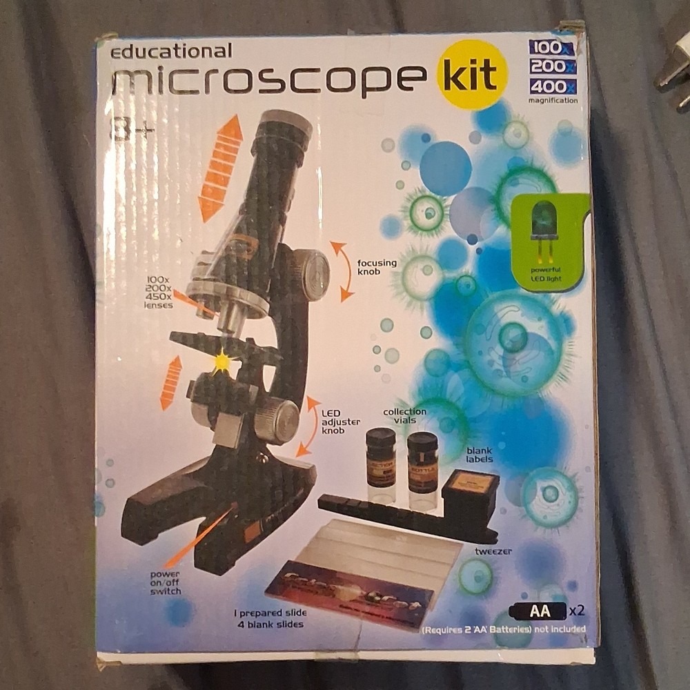 Microscope Educational Kit 8+, 100/200/400x Magnification, LED Light