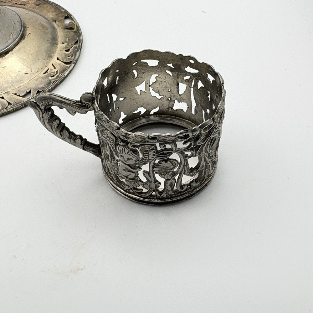 Silver Plated Demitasse Cup Holder And Plate Ornate Metal Vintage Handle