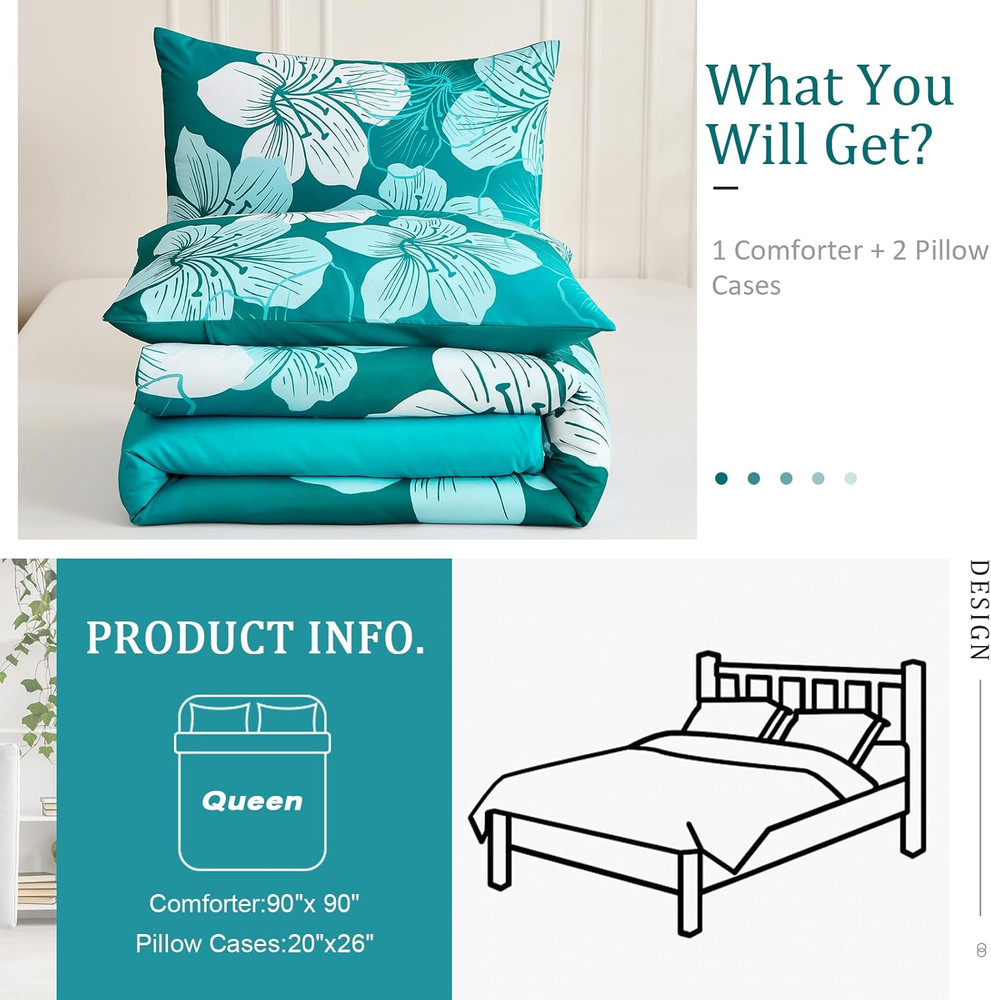 Queen Comforter Set Gradient Teal Bedding Floral Comforter Sets - Soft Microfibe