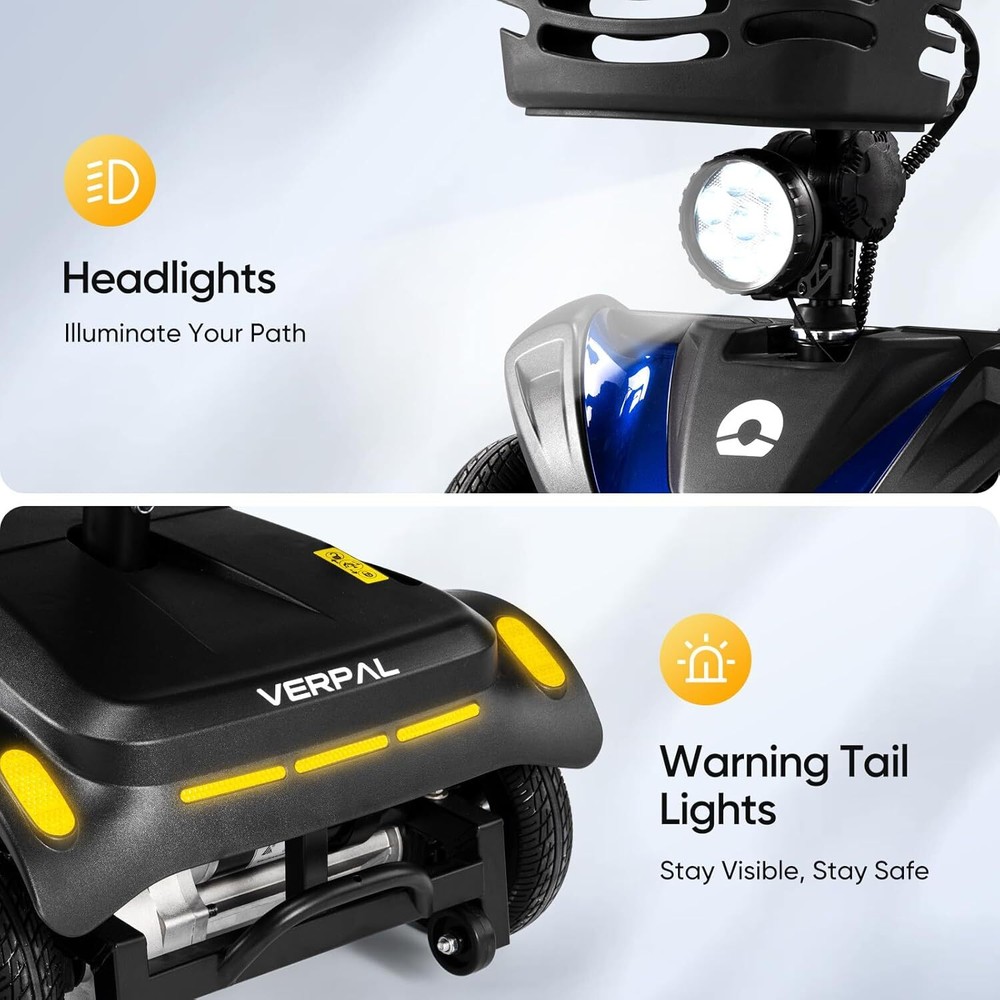 4 Wheels Mobility Scooter Long Range All Terrain LED Headlights W/ Baskets