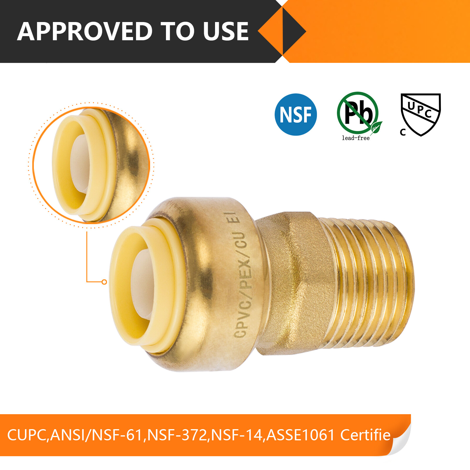 EFIELD (2 to 100 Packs) 3/4"Push Fit ×3/4"Female Adapter Brass Fitting Lead Free