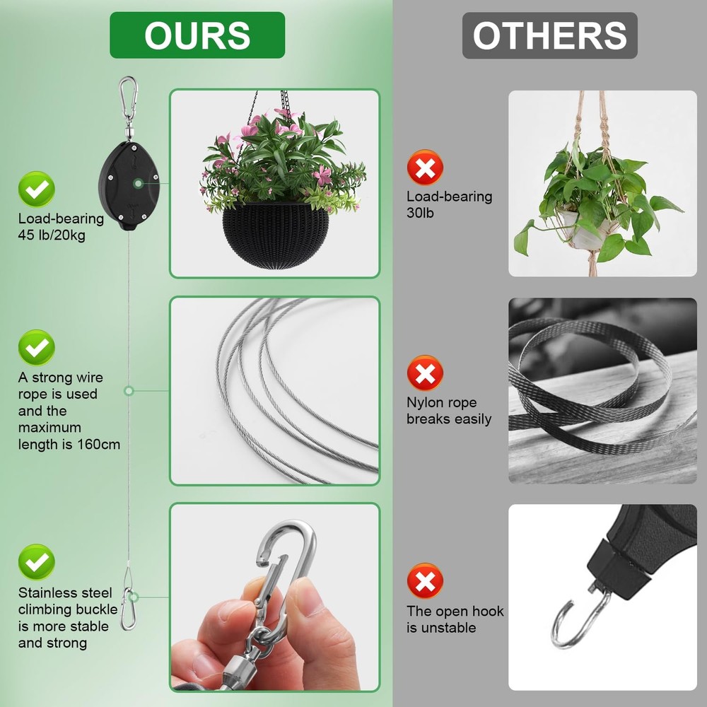 3 Pack Heavy Duty Retractable Plant Hangers Adjustable Pulleys with 63" Pull-...
