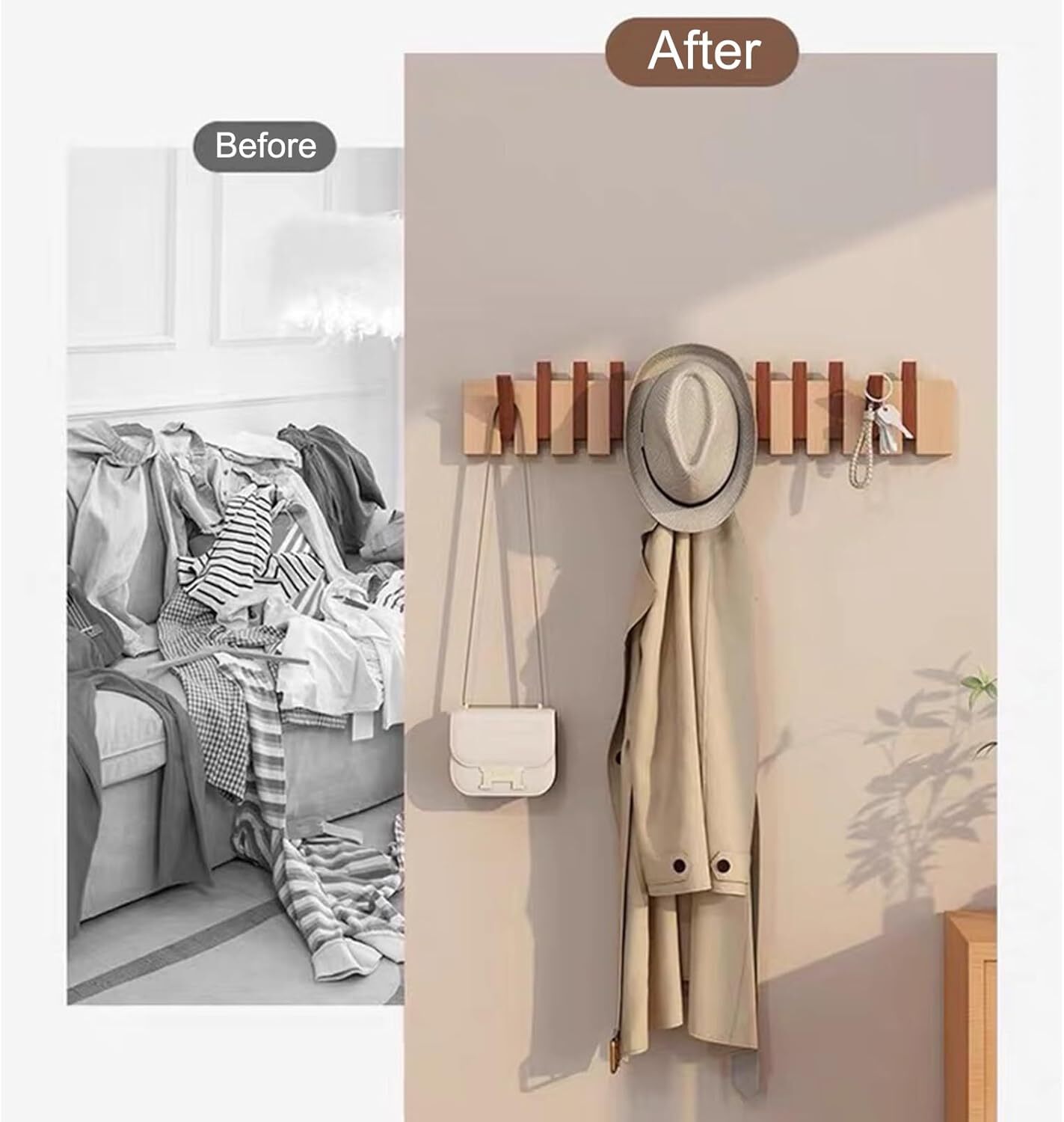 Natural Wood Coat Rack, Wood Wall Mounted, Accordion Wall Hanger, Piano Shape