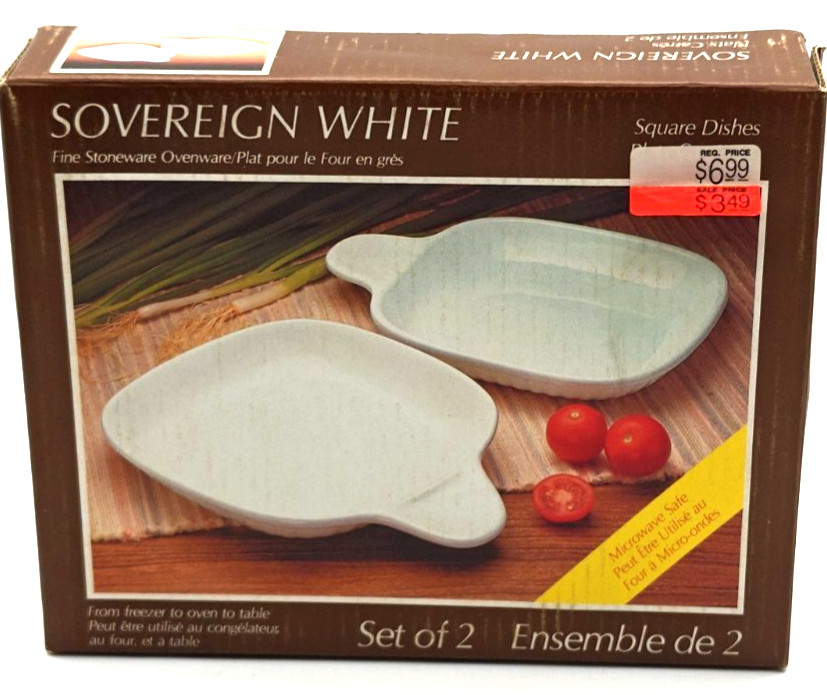 NOS 2 Sovereign White Oven Ware Square Handled Flat Dish