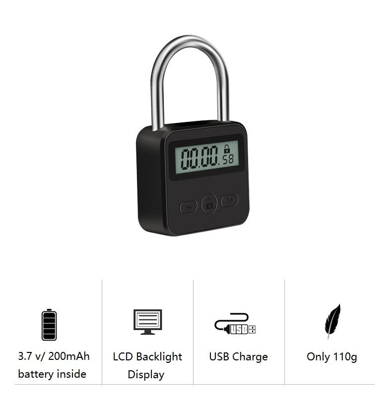 Electronic Metal Timer Lock - LCD Display Padlock, USB Rechargeable Security Loc