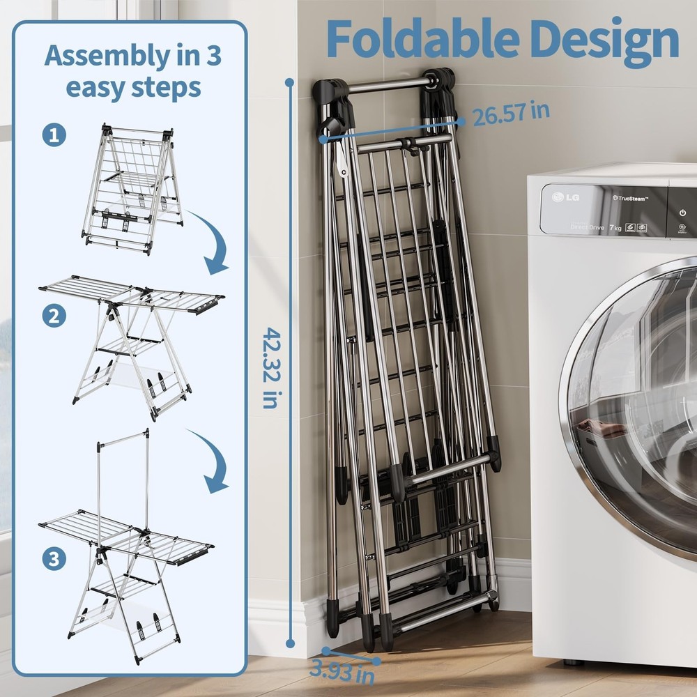 APEXCHASER Clothes Drying Rack with High Hanger, Foldable 3-Level Drying Rack...