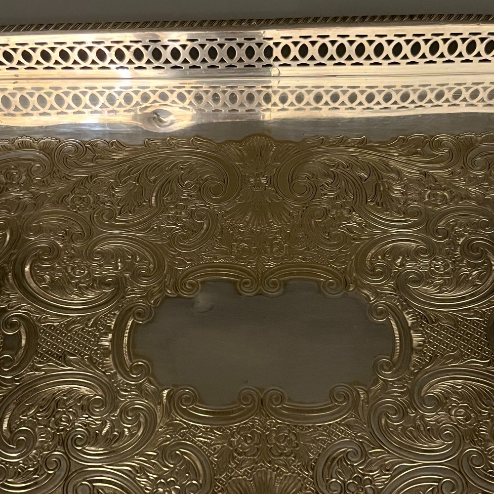 Vintage Silver Plated Gallery Tray Rectangular English Drinks Display on Brass