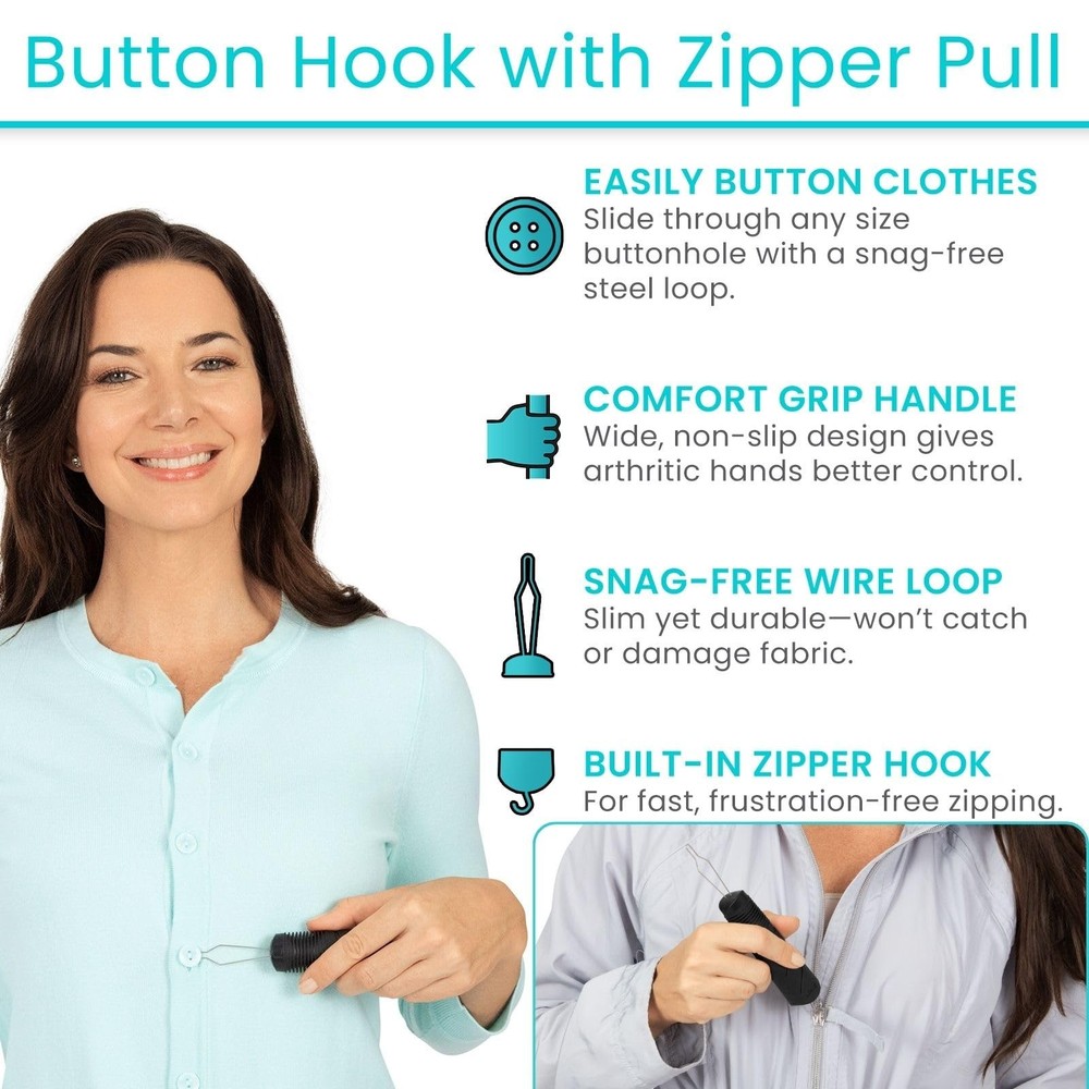 Vive Button Hook with Zipper Pull - Dressing 1 Count (Pack of 1), Black