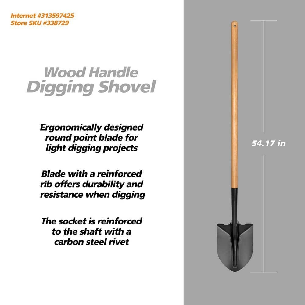 43 in Garden Shovel Wood Handle Carbon Steel Digging Shovel Landscaping Tool