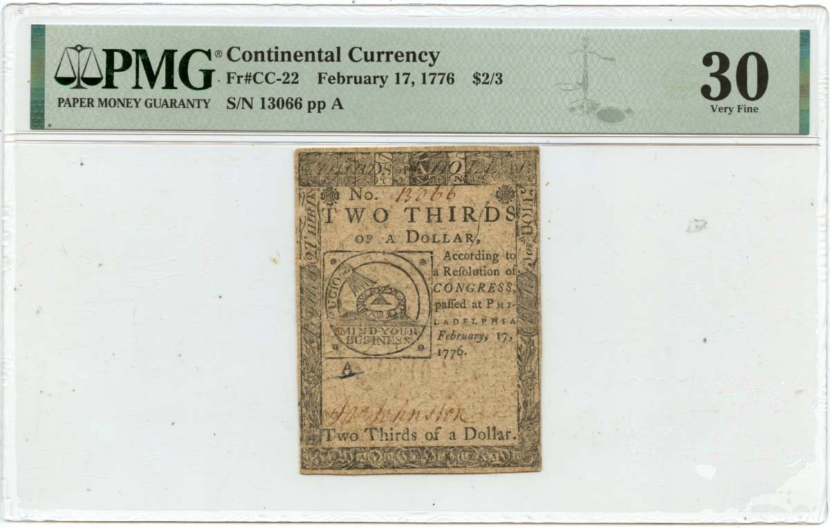 1776 February 17, $2/3 Continental Currency FR#CC-22 PMG VF30 Fugio