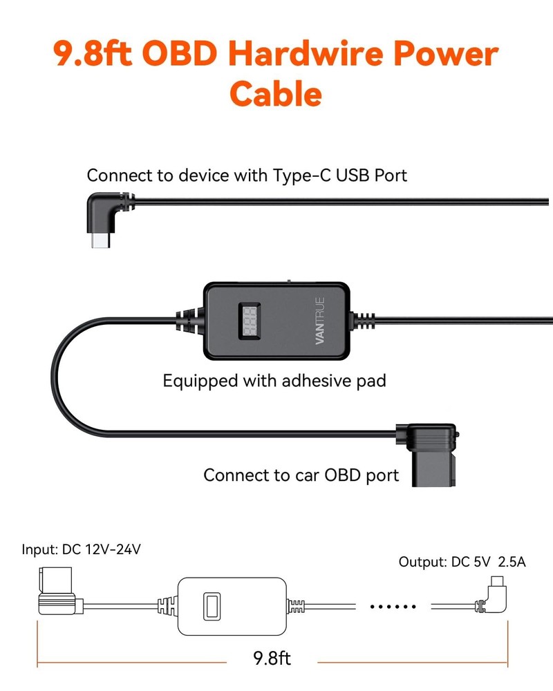 Vantrue USB‑C OBD Hardwire Cable 9.8ft Low Voltage Protection Dash Cam Power Kit
