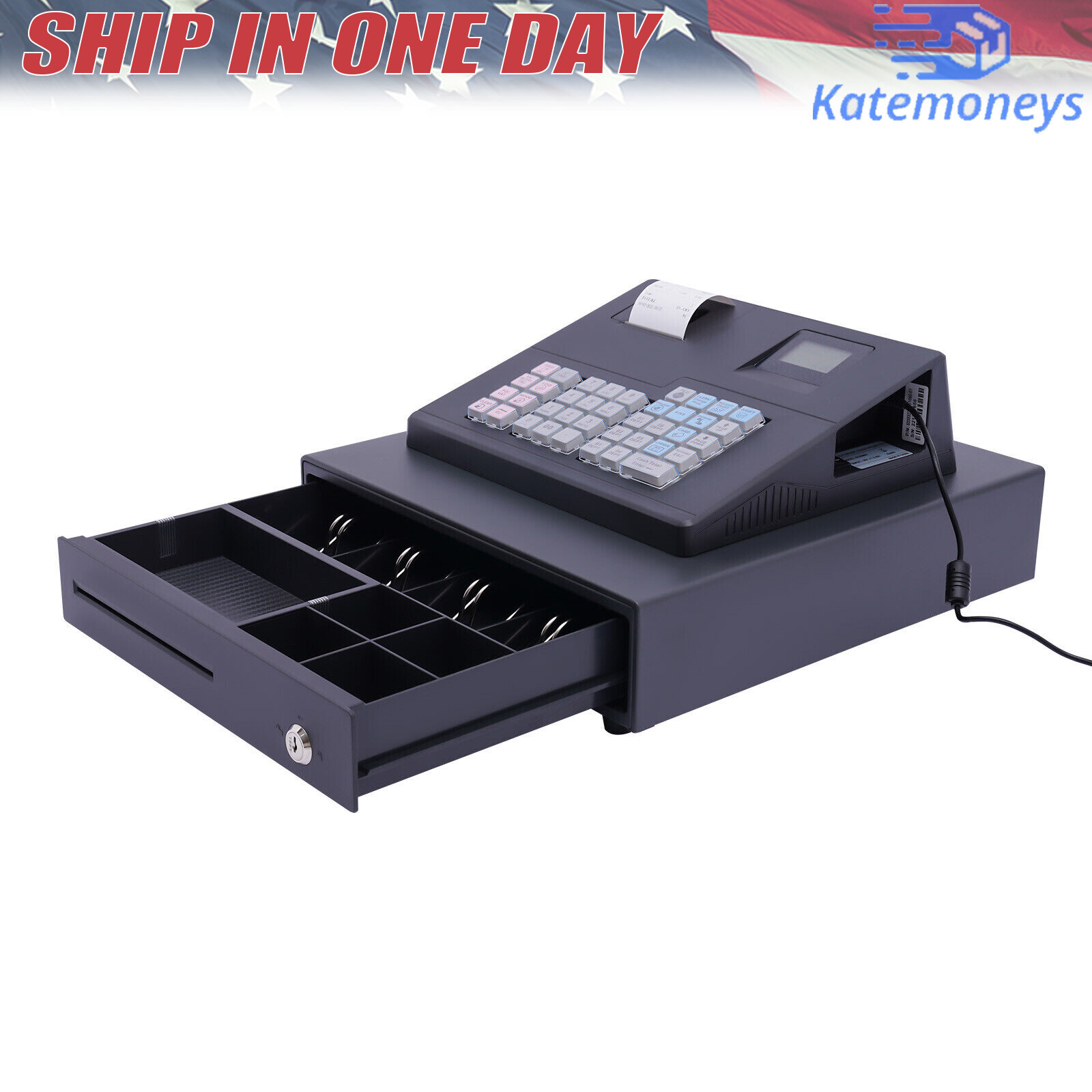 38 Keys Electronic Cash Register Black Thermal Cash Register with Cash Drawer