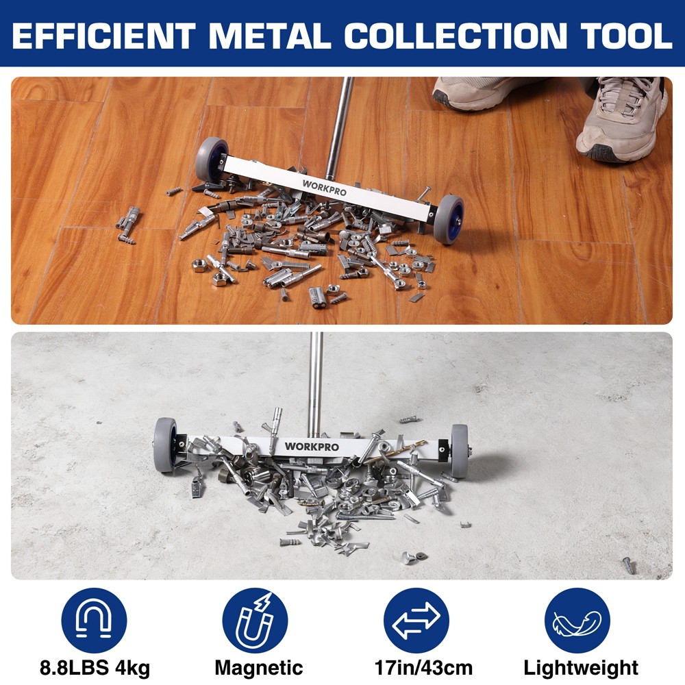 WORKPRO 17" Magnetic Sweeper Telescoping w/Wheel Rolling Sweeper Lawn Yard Grass