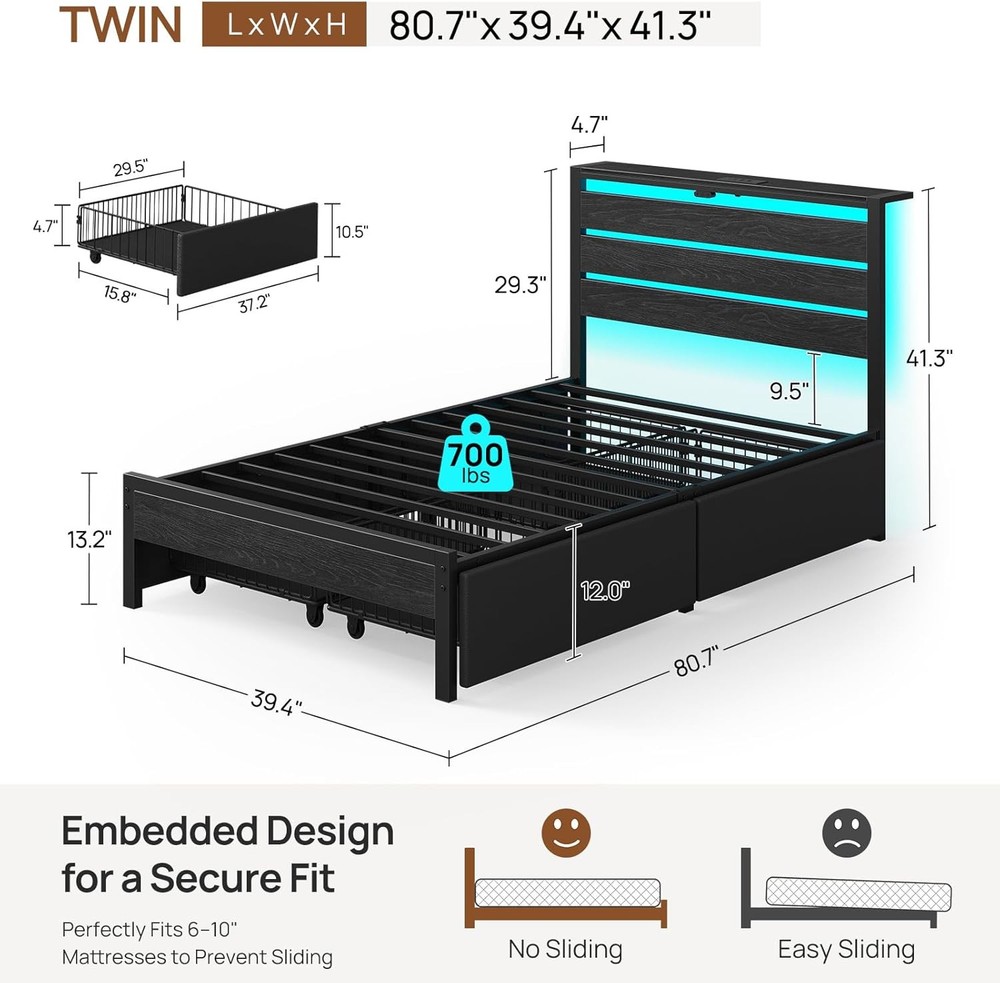 Twin Bed Frame with 4 Drawers LED Lights Charging