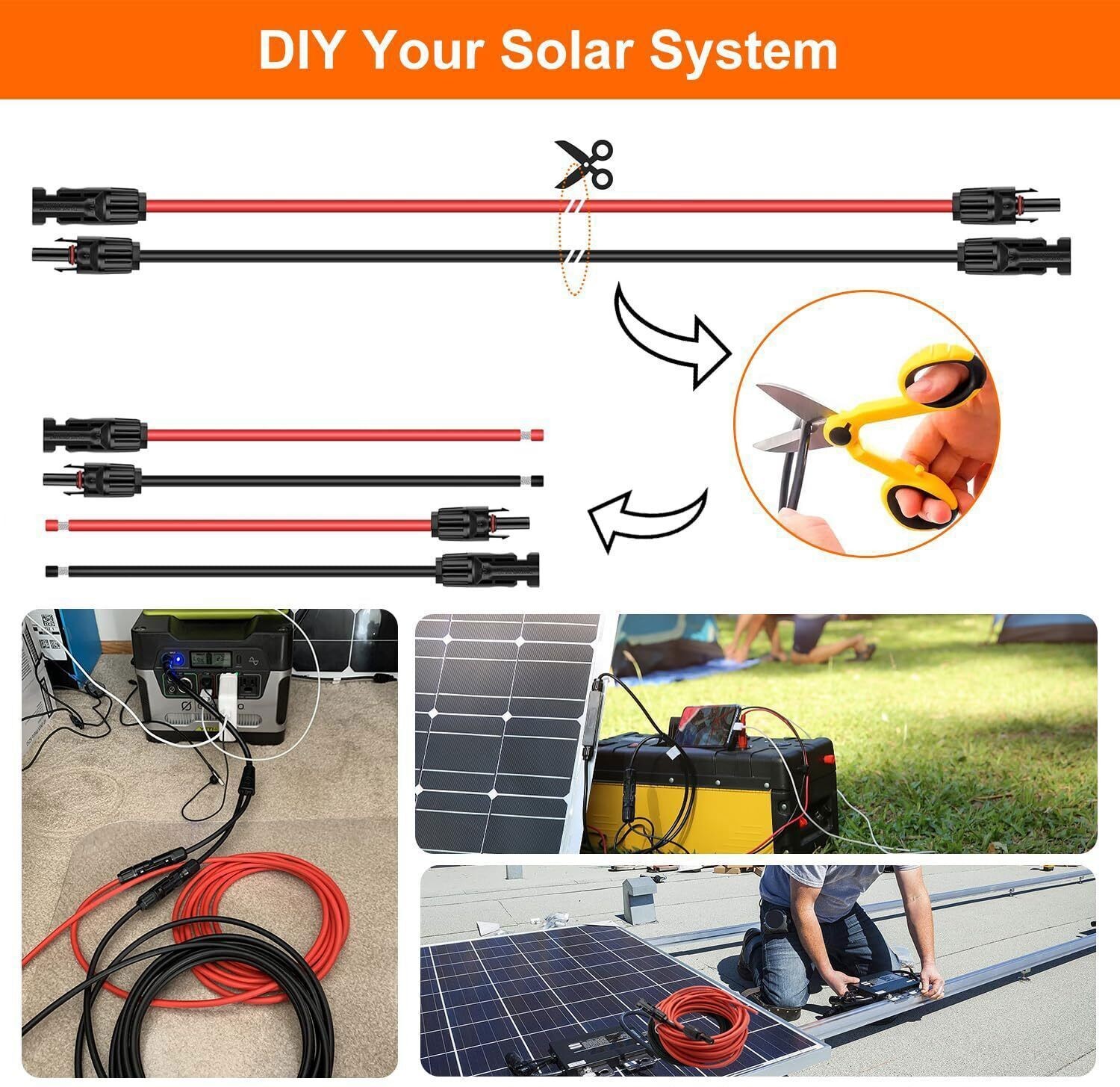 1 Pair Black+Red Solar Panel Extension Cable Wire Solar Connectors 10 AWG Gauge