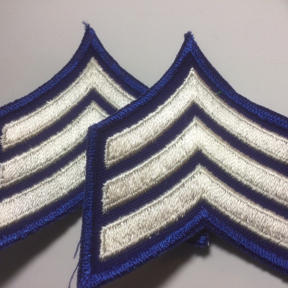 (2) Sergeant Chevron - 3 WHITE Stripes on ROYAL Blue Patch (Royal Border) Old