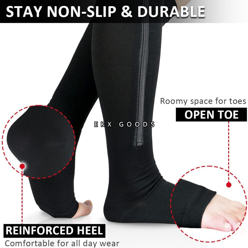 Zipper Open Toe Compression Socks 20-30mmHg Calf Leg Ankle Support Stocking