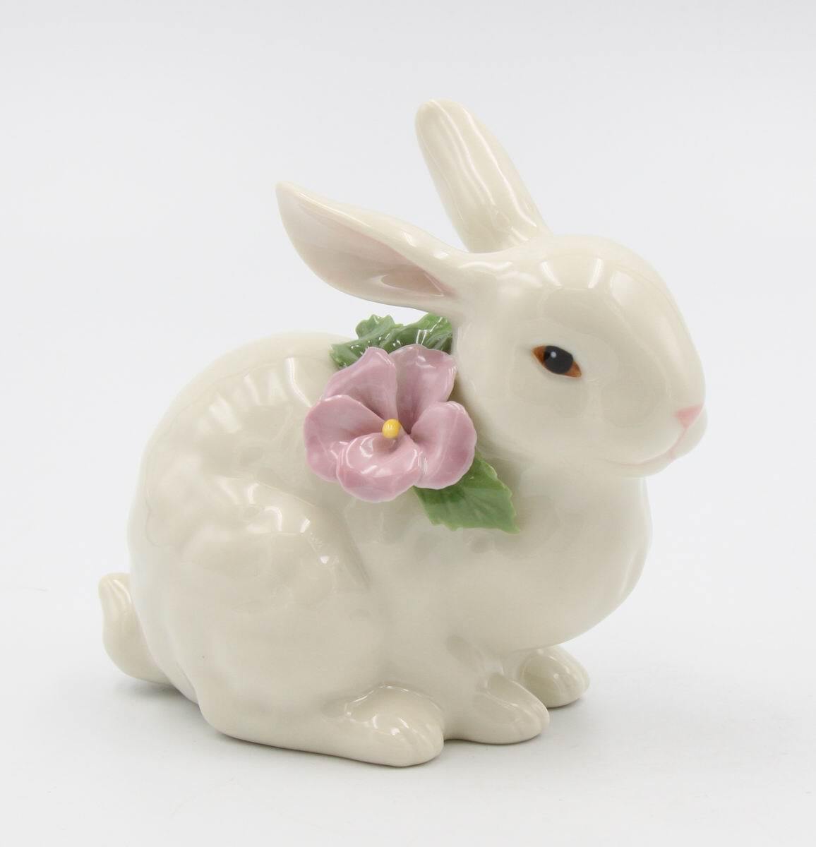 Ceramic Bunny Rabbit with Pink Pansy Flower Figurine, Home Décor, Gift for Her,